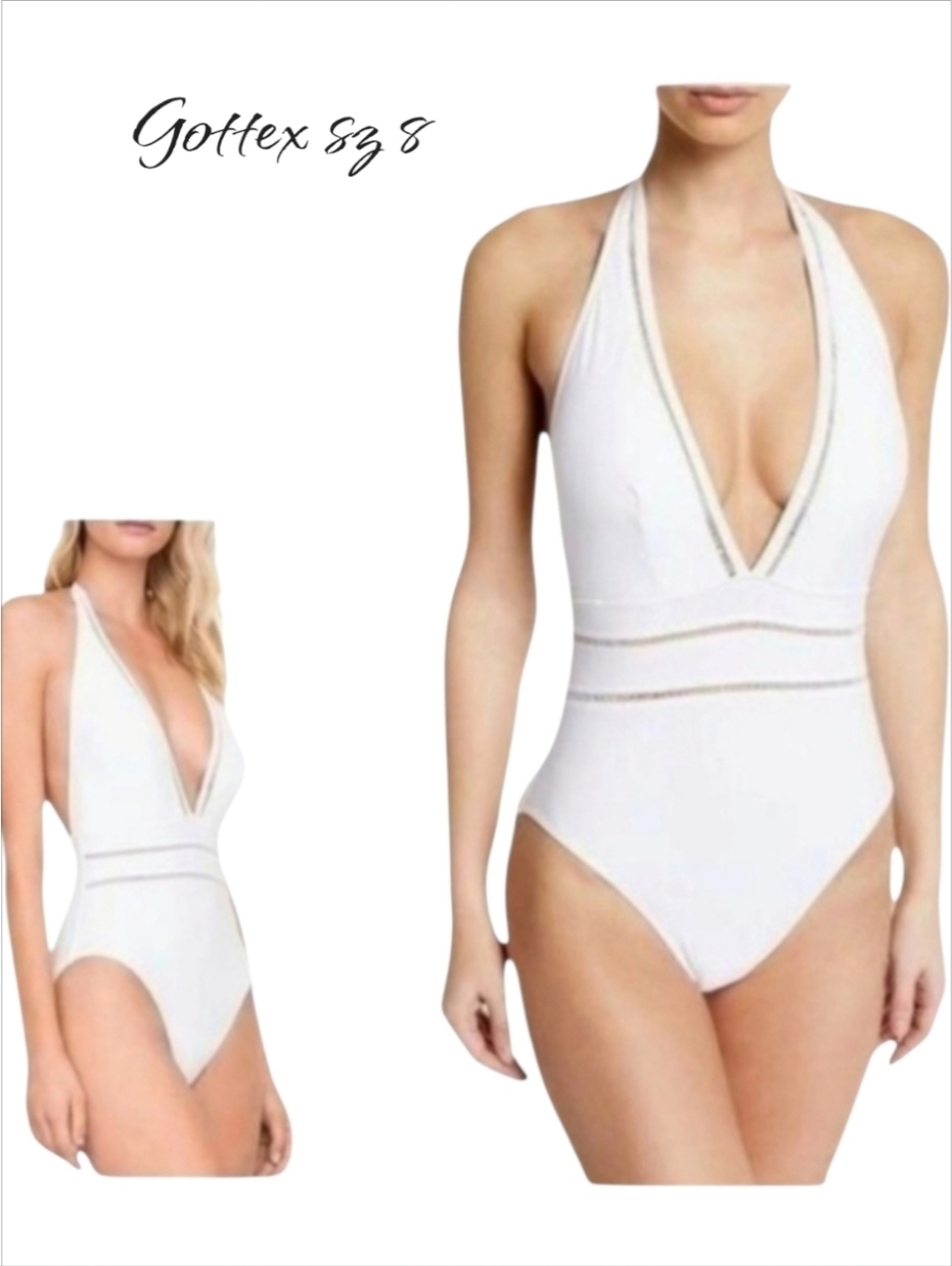 Gottex Finesse Plunging Halter One Piece Swimsuit White Sz 8 Deep V Ladder Trim